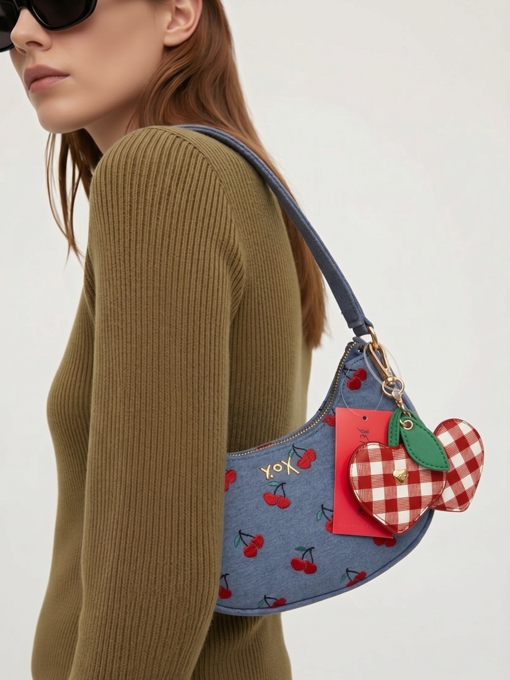 Betsey Johnson Blue Cherry Print Mini Shoulder Bag with Gingham Apple Charm